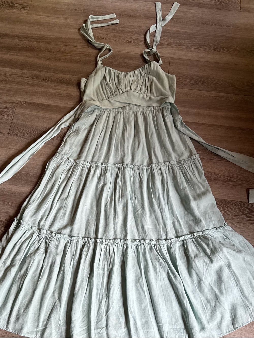 Trixxi Sage Green Tie-Shoulder Tiered Maxi Dress